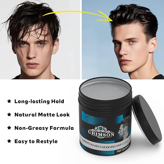 GRIMSON Matte Hair Clay for Men – Strong Hold, Natural Matte Finish, Non-Greasy Hair Wax, Easy to Wash Out, Textured Styling Clay for All Hair Types, 100g
