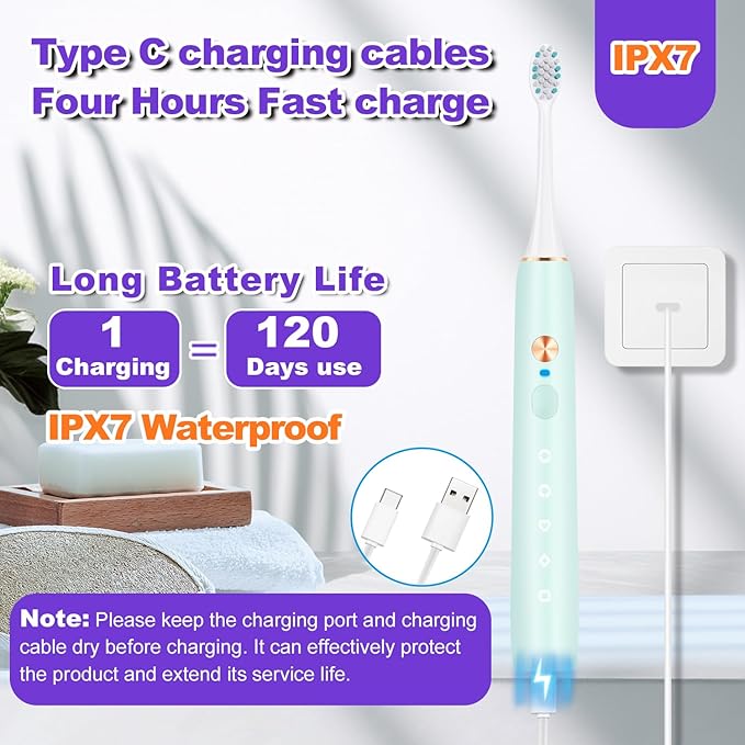 Whitening Electric Toothbrush for Adults and Kids, Rechargeable Toothbrush with 8 Brush Heads & Travel Case, 5 Modes & Smart Timer, 45000VPM Deep Clean, IPX7,One Fast Charge Last 120 Days - Blue