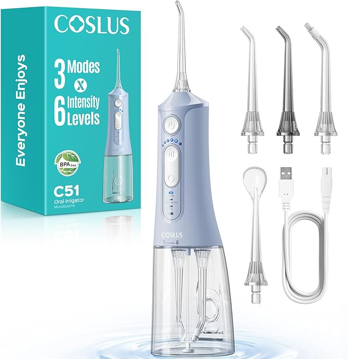 COSLUS C51 Portable Water Flosser for Teeth: 3 Modes & 6 Pressure Settings with Jet Mode Water Dental Pick for Orthodontic, Braces, Sensitive Gums, Compact for Travel, 300ML for Multiple Users, Blue