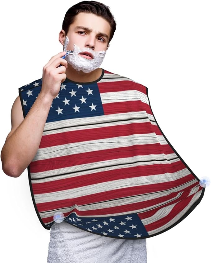 Adjustable Beard Catcher Apron, Wooden American Flag Shave Bib, Non-Stick Waterproof Grooming Bib, Shaving Essential for Men Dad Christmas