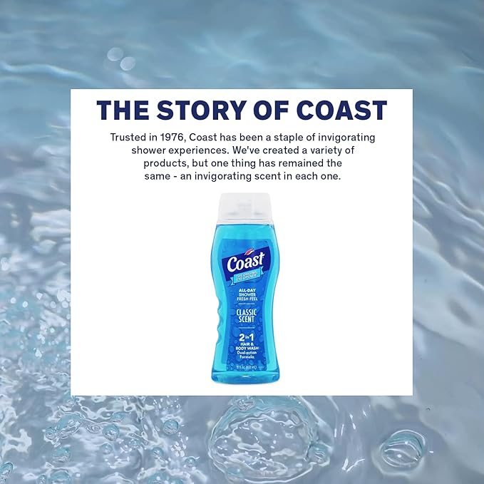 Coast 2-in-1 Hair and Body Wash, Classic Scent - Men's Body Wash, Shampoo & Conditioner - 6 Pack x 18 Fl Oz - Moisturizing & Refreshing Rich Lather for Energized And Clean Skin