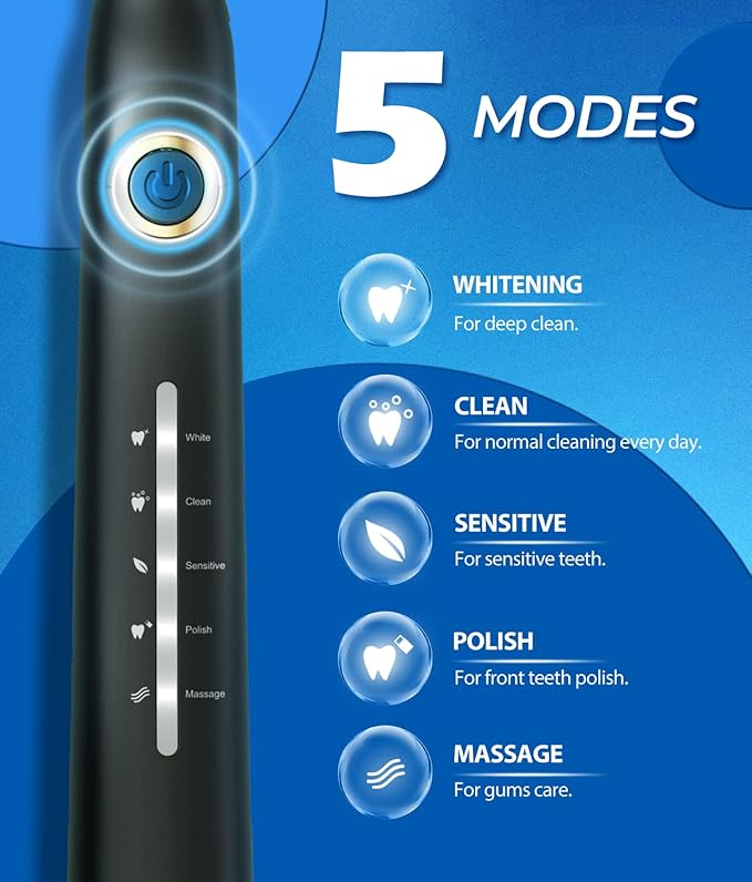 TEETHEORY Electric Toothbrush for Adults with 8 𝐁𝐫𝐮𝐬𝐡 𝐇𝐞𝐚𝐝𝐬, Sonic Electric Toothbrush with 40000 VPM Deep Clean 5 Modes, Rechargeable Toothbrushes Fast Charge 4 Hours Last 30 Days