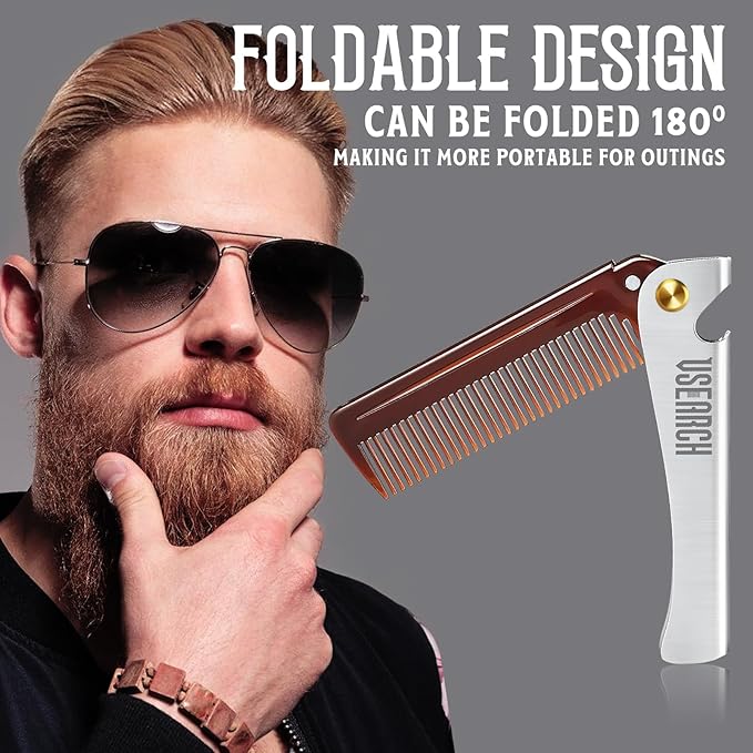 Heated Beard Straightener for Men - 5-Temp Settings & Anti-Scalding Tech, Folding Styling Comb, Compact for Travel, Perfect Grooming Gift for Father's Day, Anniversary & Birthday
