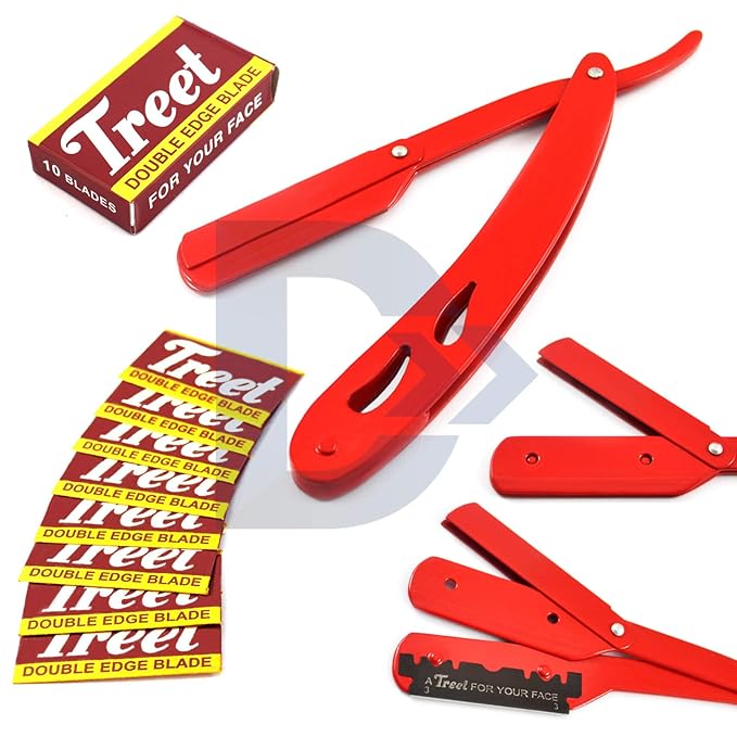 Straight Edge Shaving Razor Red Cut-Out Style Stainless Steel Handle Barbershop Men Shaver Knife Single Edge Blades