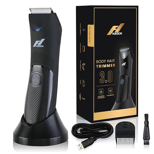 Fhuesion® Manscape Trimmer for Men -IPX7 Waterproof Ball Trimmer w/Light & Ceramic Blade, Body Groomer for Pubic/Body/Groin Grooming, Electric Razor Shavers USB-C Charging, No Nicks, Gifts for Him