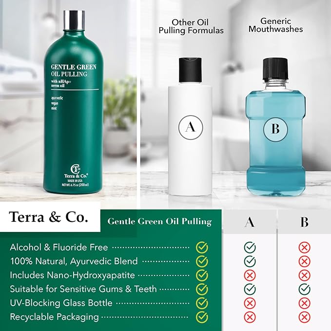 Terra & Co. Nano Hydroxyapatite Gentle Green Oil Pulling - Vegan Natural Mouthwash for Teeth and Gum Health – Alcohol-Free and Fluoride-Free - Made with Cold Pressed Plant Oils | 6.75 oz
