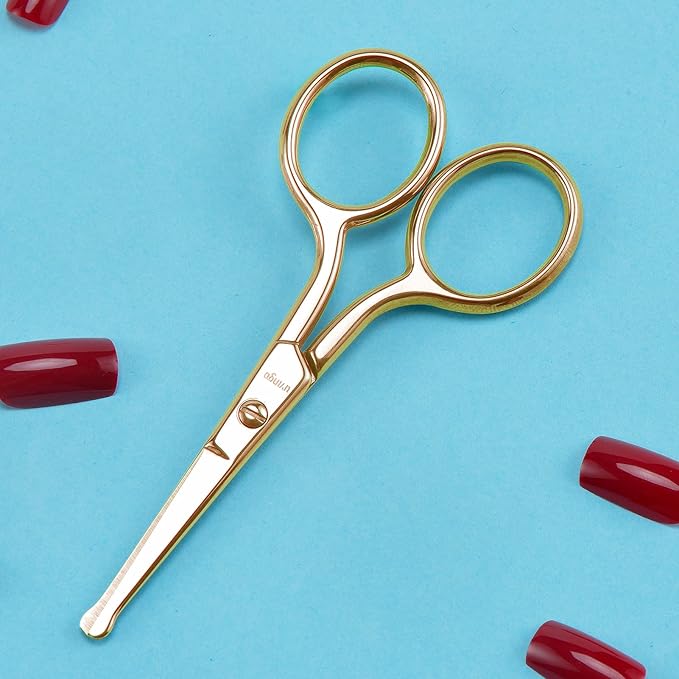 LIVINGO Professional Nose Hair Scissors, Multi-purpose Stainless Steel Rounded Tip Straight Blade, Facial Hair Beard Eyebrows Ear Trimming Beauty Grooming Tool for Men & Women, 3.5” Gold