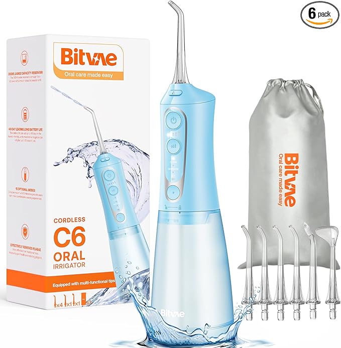 Bitvae C6 Cordless Water Dental Flosser for Teeth Cleaning Picks, Portable Flosser for Travel with 6 Jet Tips, IPX7 Waterproof USB Rechargeable Oral Irrigator Cleaner, Sky Blue