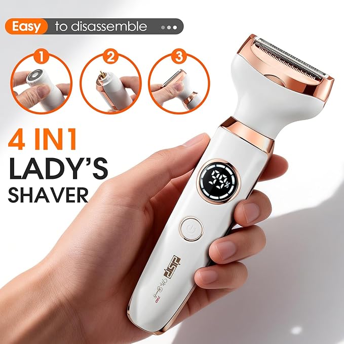 DSP 4 in 1 Electric Razor for Women, Rechargeable Ladies Shaver with LED Display & Fast Charging, Electric Trimmer for Face Body Legs Bikini, Portable Grooming Kit for Family