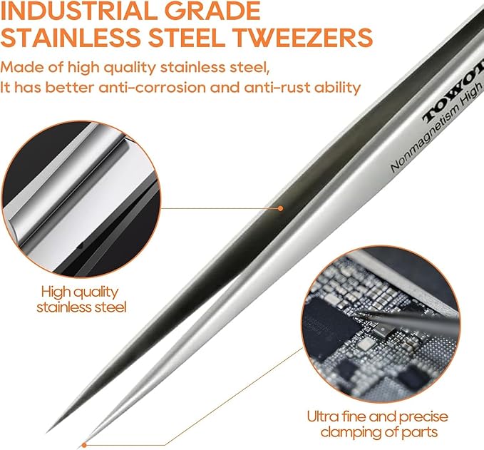 Precision Tweezers, Stainless Steel Pointed Tweezers for Craft, Electronics, Soldering, Experimental Work, Jewelry-Making, Non-Magnetic Industrial Tweezers by TOWOT