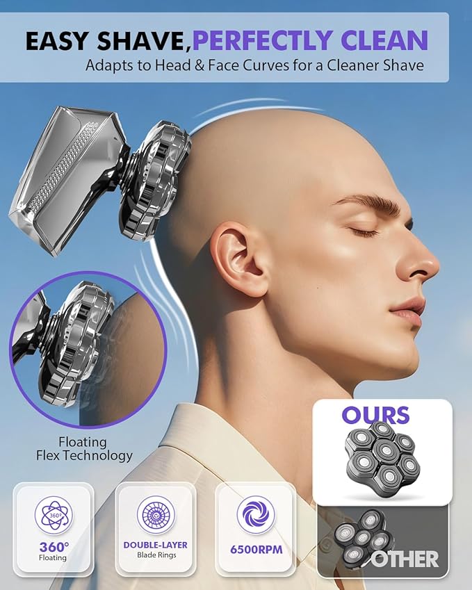 Head Shavers for Blad Men, 7D Floating Blades Electric Head Shaver, IPX7 Waterproof Wet Dry Bald Head Shaver, Magnetic Detachable Rechargable Head Shavers, Gifts for Man Male Father Husband