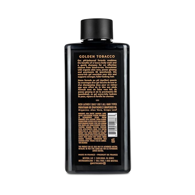 Mistral Men's Body Wash & Shampoo, Golden Tobacco 13.5 oz | 2-in-1 Natural Shower Gel for Men | SLS, Paraben & Phthalate Free | Natural Men’s Body Wash, Moisturizing Bath Gel - Made in France