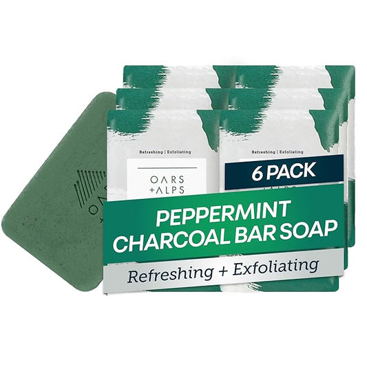 Oars + Alps Peppermint Charcoal Exfoliating Bar Soap for Men, Deep Cleaning & Exfoliating Soap, Made with Clean Ingredients, All Skin Types, Cruelty Free, Paraben Free, Travel Size, 6pk, 6oz