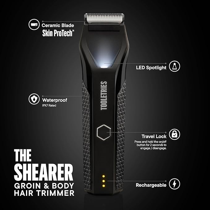 TOOLETRIES The Shearer - Groin & Body Hair Trimmer for Men, Electric Shaver for Pubic Hair, Balls, Groin, Chest, Legs, Waterproof Wet/Dry Clippers, Rechargeable, Bonus Shower Kit - Black