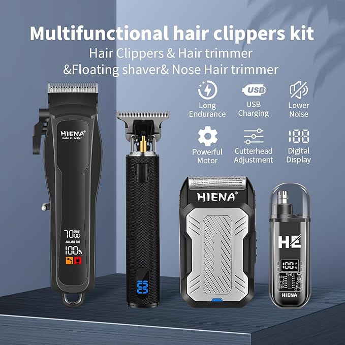 HIENA PRO Cordless Hair Clippers for Men, Professional Barber Kit - Beard Trimmer, Aluminum Foil Shaver, Nose Trimmer, 10 Limit Combs - Fast Charge, Smart LED Display (Clippers/Trimmer)