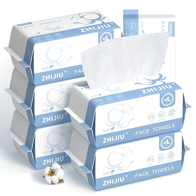 Disposable Face Towels 600 Count, Ultra Soft & Thick Facial Towels for Sensitive Skin, Biodegradable & Lint-Free Makeup Remover Dry Wipes, Multi-Purpose Cleansing Towelettes for Face Wipes