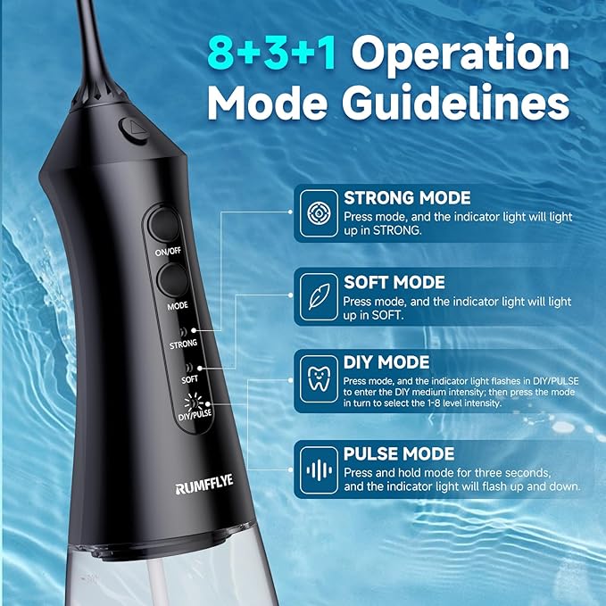 Water Dental Flosser Cordless Oral Irrigator with 300ml 5 Tips 8 DIY Modes 3 Levels 1 Pulse Portable Travle Irrigation Cleaner IPX7 Electric Irrigador Dental for Teeth Cleaning (Black)