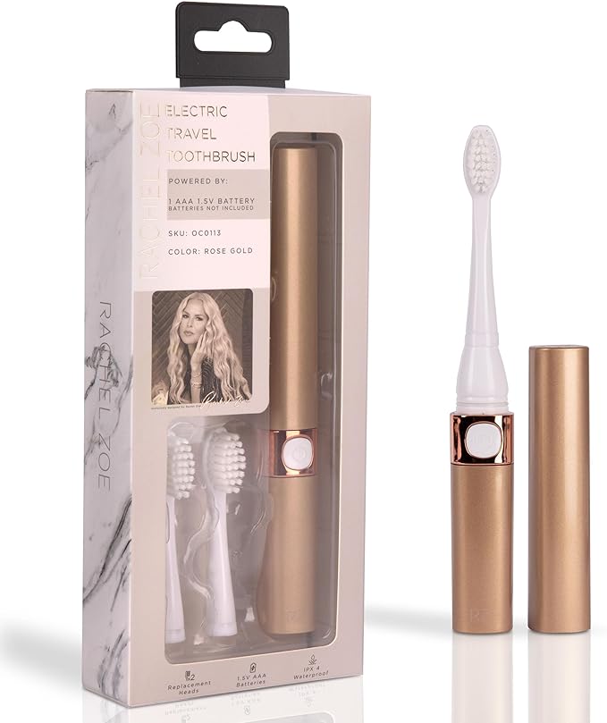 Rachel Zoe Portable Electric Toothbrush for Adults, Battery Operated Compact Sonic Tooth Brush for Trips, Waterproof Travel Toothbrush with Cover, 2 Removable Brush Heads Included, Rose/Gold/White