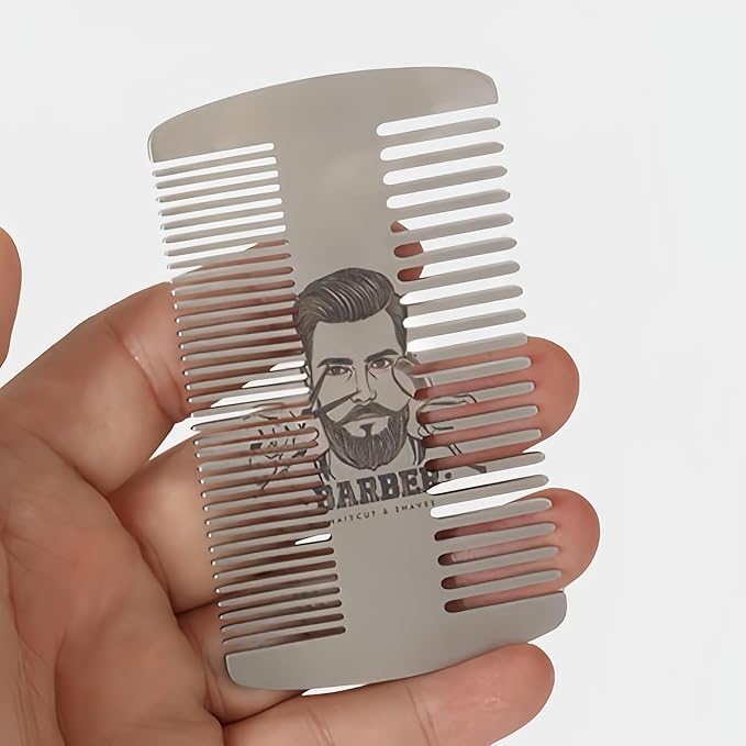 Metal Beard Mustache Comb for Men - Anti-Static Dual Action - Credit Card Size Stainless Steel EDC Comb, Lice Wallet Pocket, Fine Cutting Teasing Barber Hair Styling - Silver