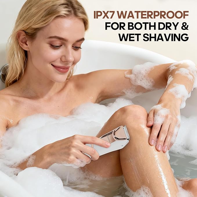 Electric Body Hair Trimmer Shaver - 3 in 1 Pubic Trimmer for Men - Bikini Trimmer for Women - No Nick Groin Ball Razor with Ceramic Blade Heads, Wireless Dock Charging, Wet/Dry Use (White)
