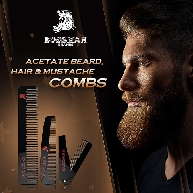 Bossman Acetate Beard, Mustache, & Hair Comb Set of 3 - Combs for Men with Minimalistic Magnetic Box (7.5-Inch, 5-Inch, 3.5-Inch) - Features Rounded Teeth, Double-Sided Teeth, and Foldable Design