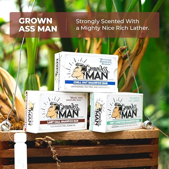 Grown Ass Man Co. - Solid Shampoo Bar Rich Lather 3 in 1: Hair, Beard & Body Wash - Plastic Free & Eco-Friendly, Natural & Organic Clean for All Hair Types, 4oz Bar (Last Call, 6-Pack)