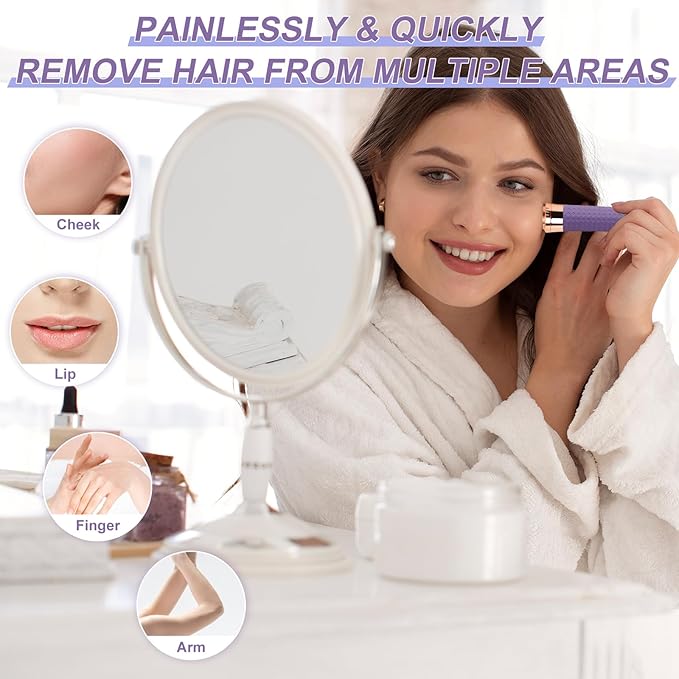 Facial Hair Remover for Women, Painless Rechargeable Hair Removal Device, Comes with 2 Replacement Heads, Portable Electric Shaver/Razors for Face, Chin, Upper Lip, arms (Sky Blue)