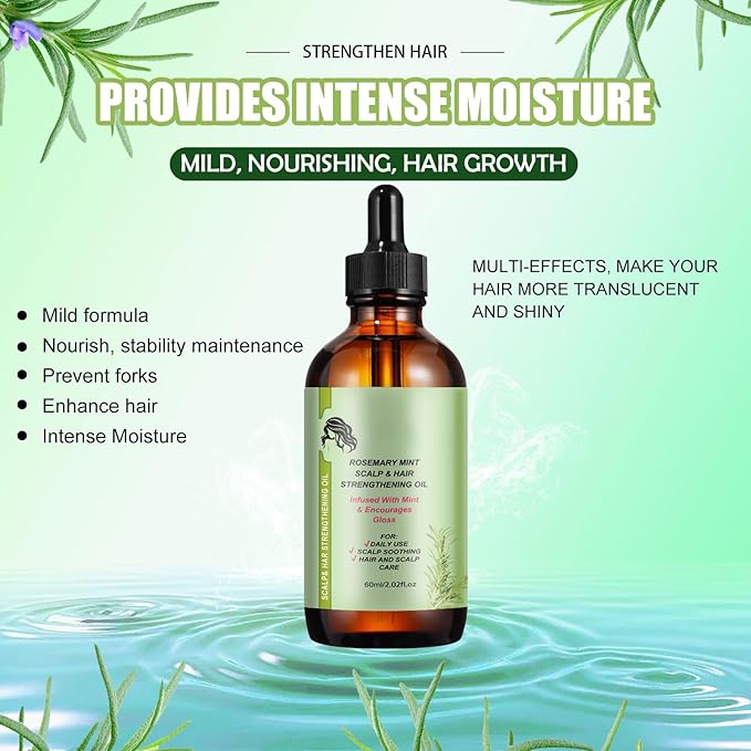 Rosemary Mint Scalp & Hair Strengthening Oil, Natural Ingredients with Jojoba Oil, Anti-Hair Loss Treatment for All Hair Types, 2.02 fl oz Glass Bottle with Dropper
