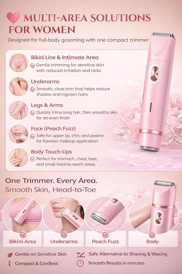 Women's Bikini Trimmer, Electric Shaver, Dual Head Electric Razor, Two-in-One Women's Body Shaver, and Ipx67 Waterproof Wet & Dry Use Body Hair Trimmer (Pink)