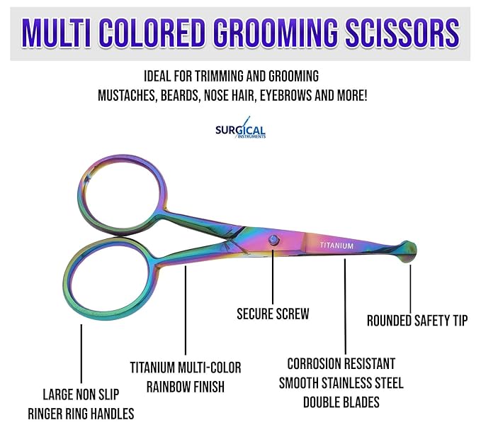 SurgicalOnline Multi-Colored Titanium Galaxy Rainbow Safety Scissor - Stainless Steel Multi Scissors For Nose, Mustache, Eyebrow, Small Grooming Scissors, Travel Size