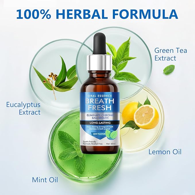 Bad Breath Treatment for Adults, Breath Drops for Fresh Breath, Fast-Acting, Long-Lasting, Natural, Alcohol-Free, Boosts Confidence for Socializing, Daily Oral Care, 60ML
