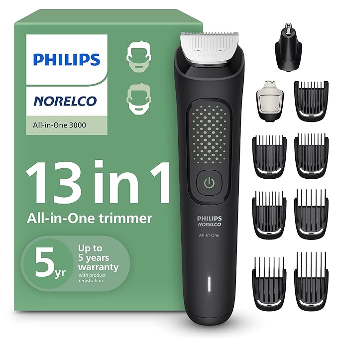 Philips Norelco All-in-One 3000 Series 13 in 1 Trimmer for Men, Beard Trimmer & Head Hair Clipper, Full Metal Self-Sharpening Blades & 8 Length Settings, MG3939/50
