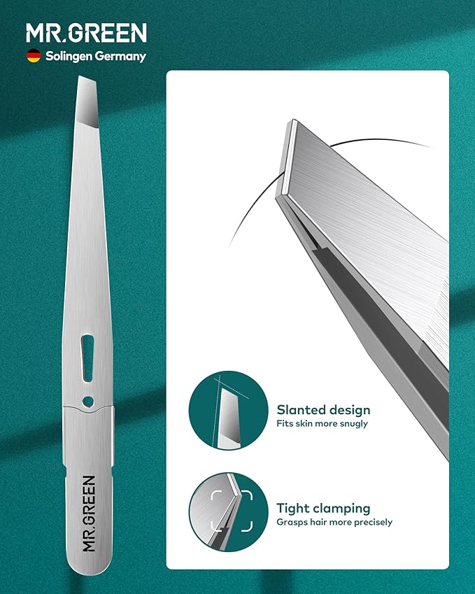 MR.GREEN Tweezers,Professional Precision Eyebrow Tweezers for Women and Men, Tweezers for Facial Hair Women, Stainless Steel Slanted Hair Removal Tweezers, Eyebrow Plucker, Ingrown hair tweezers