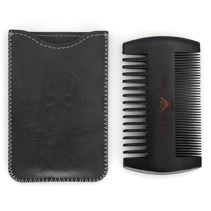 Black Wooden Beard Comb with Case for Men, Men's Wood Pocket Comb for Beards & Mustaches & Hair, Black Skull Design
