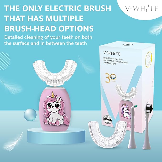 V-WHITE Electric Toothbrush Kids- Ultrasonic U-Shaped Toothbrushes for Teeth Whitening - 360° Mouth Cleansing, Hands Free Gums Protection - Wireless Charging & LED Light - Waterproof IPX7 Certified