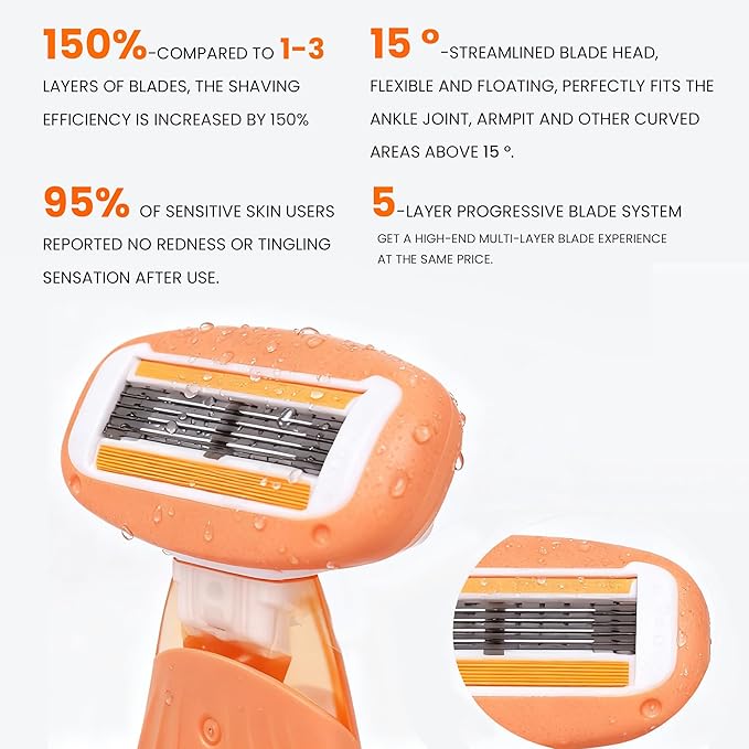 Moisturizing Bar Mini Travel Razor Kit for women Under Arm Pubic Hair Lines- 1 Handle and 3 Cartridges - Extra Smooth 5-blade With Case for Close Shaving - Orange