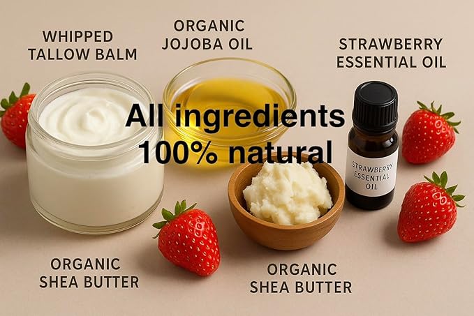 HANDMADE WHIPPED STRAWBERRY TALLOW BALM - Grass Fed - O. Essential Oils, O. Jojoba Oil, O. Arrowroot Powder