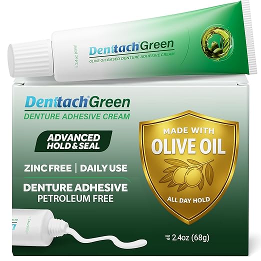 Denttach Green Denture Adhesive, Petroleum Free Olive Oil Based Denture Cream for Full and Partial Dentures, All Day Secure Hold Premium Denture Glue, Zinc Free, 2.4 Ounce