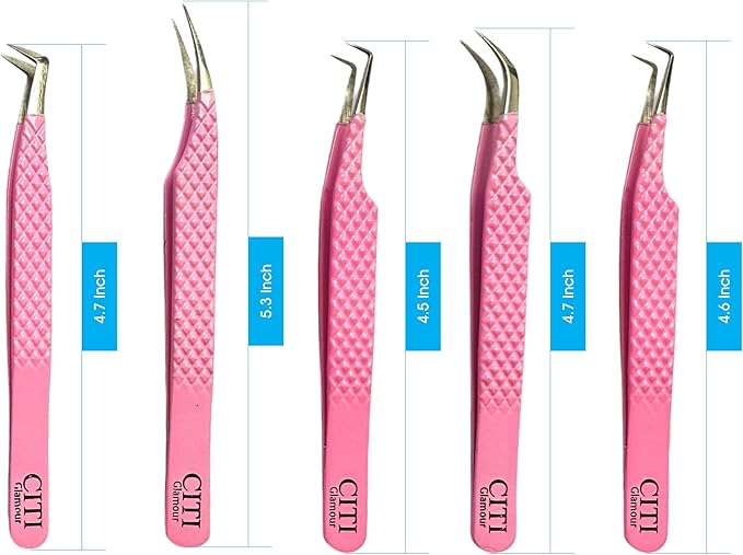 Lash Tweezers For Eye Lash Extension set of 5 Precise Fiber Tip with Diamond Grip Complete set for Volume Lashes Pink