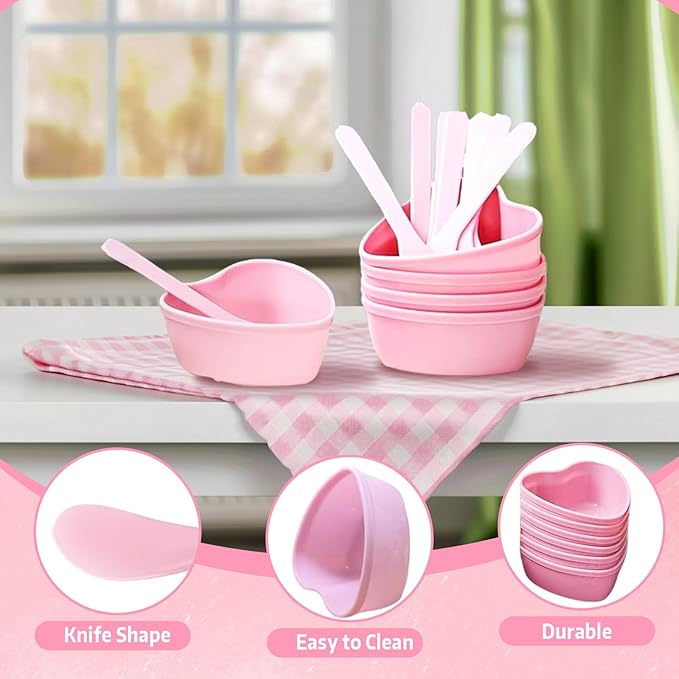 2 Sets Pink Plastic Mixing Bowl with Stirring Spatulas Heart-Shaped Facial Mask Container Pots for DIY Skin Care, Cream, Soap Making & Spa Application