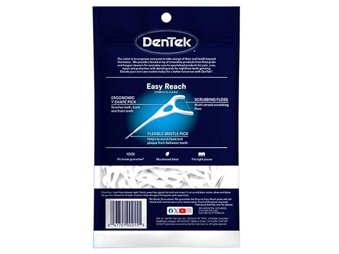 DenTek Easy Reach Complete Clean Floss Picks, with Strong Dental Floss, 75 Count, 3 Pack