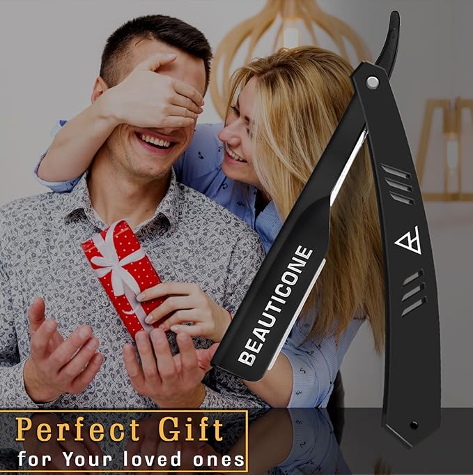 BEAUTICONE Straight Razors for Men, Straight Edge Razor, 100 Single Edge Blades, Stainless Steel, Barber Razor for Men's Shaving, Barber Shaving Knife, Slide-Out