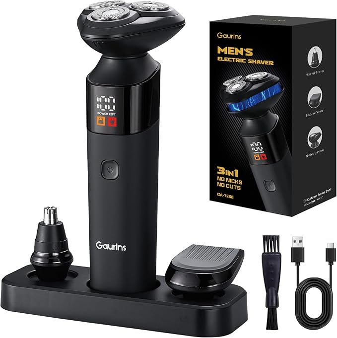 Electric Razor for Men,3 in 1 Men's Rotary Shavers with Charging Stand, IPX7 Waterproof Hygiene Trimmer for Beard/Nose/Sideburns, USB-C Fast Charging, LED Display Travel Lock,Matte Black