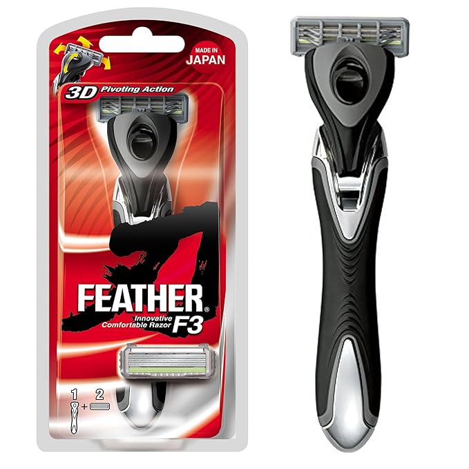 Feather - F3 Shaving Razor - Pivoting Head Shaving Razor with Wavy Guard and SiC Ceramic Coating - 3 Blade Shave Cartridge for Regular to Sensitive Face and Skin - Disposable Blades
