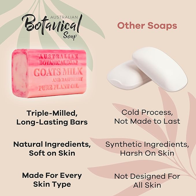 Australian Botanical Soap Goats Milk with Raspberry 6.6 oz Luxury Soap Bars Enriched with Shea Butter, Pack of 4