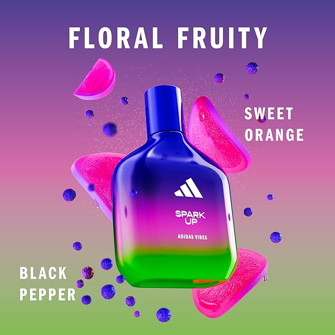 Adidas Vibes Spark Up Eau de Parfum 1.6 fl oz (Pack of 1), Notes of Fruity Floral, Orange, and Black Pepper, Unisex Fragrance, Long Lasting, Sporty Fragrance, Travel Size