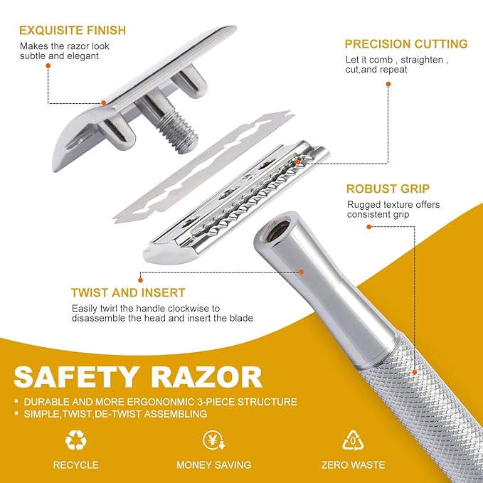 Double Edge Razor, Safety Razor With 10 Premium Stainless Steel Reusable Blades And a Beard Bib,Transparent Packaging Box Single Blade Razors For Men and Women, Smooth Shave Experience,Silver