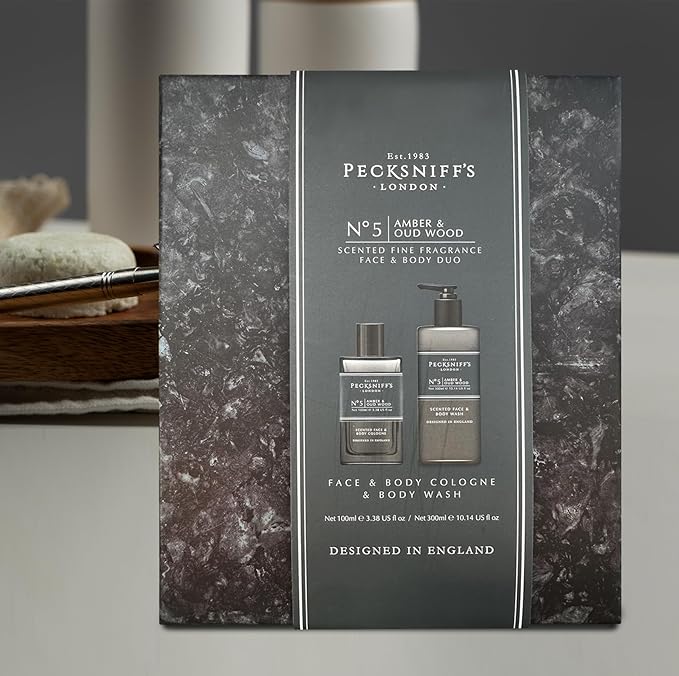 Pecksniff's Face & Body Duo Amber & Oud Wood – Men’s Grooming Gift Set with 100ml Face & Body Cologne and 250ml Body Wash – Luxury Fragrance Collection, Made in England