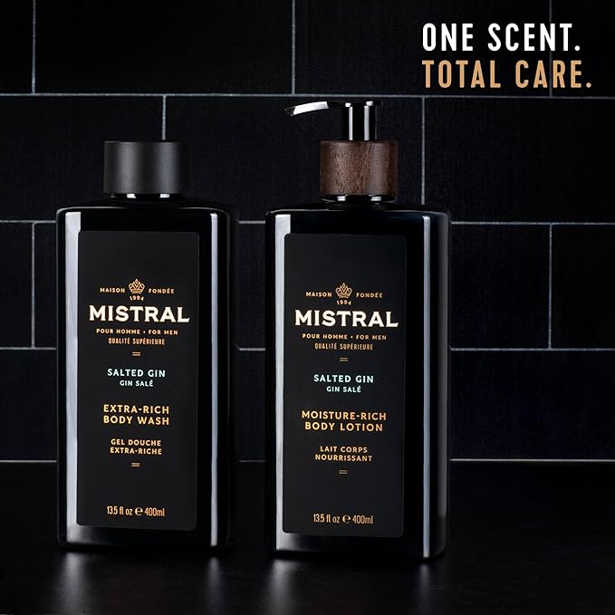 Mistral Men's Body Wash & Shampoo, Salted Gin 13.5 oz | 2-in-1 Natural Shower Gel for Men | SLS, Paraben & Phthalate Free | Natural Men’s Body Wash, Moisturizing Bath Gel - Made in France