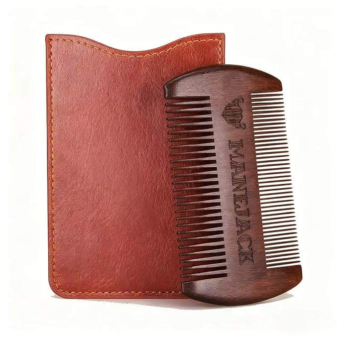 Wooden Beard Comb with Carrying Pouch - Top Pocket Combs Kit for Men - Perfect for Beard, Head hair, Mustache-Dry Use with Balms and Oils - Fine and Coarse Teeth